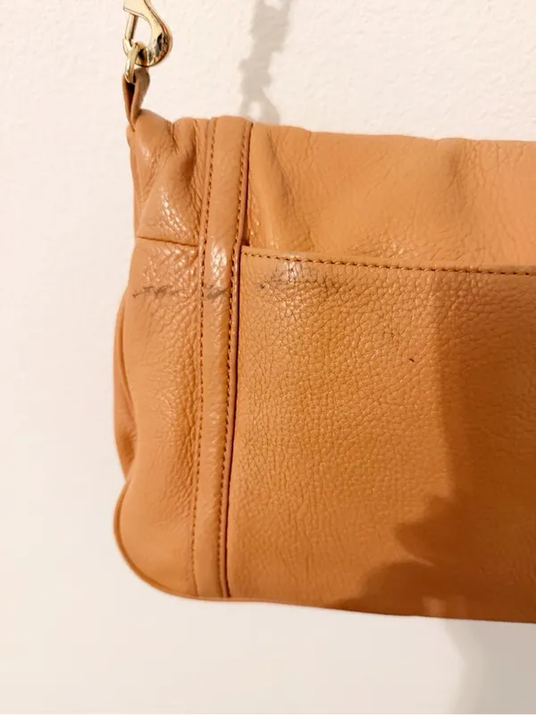 Tory Burch Amanda Fold Over Cross Body Satchel Bag Camel Tan Leather - Image 5