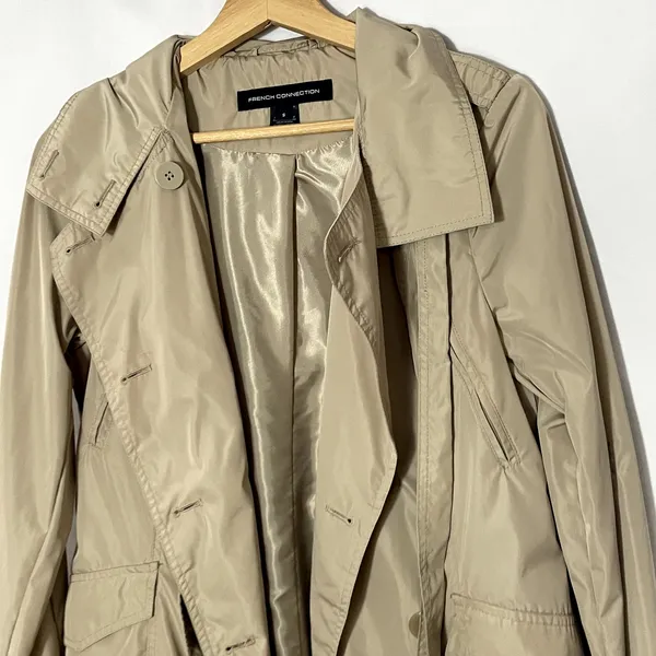 French Connection tan trench coat women's size S full length pockets small marks - Image 2
