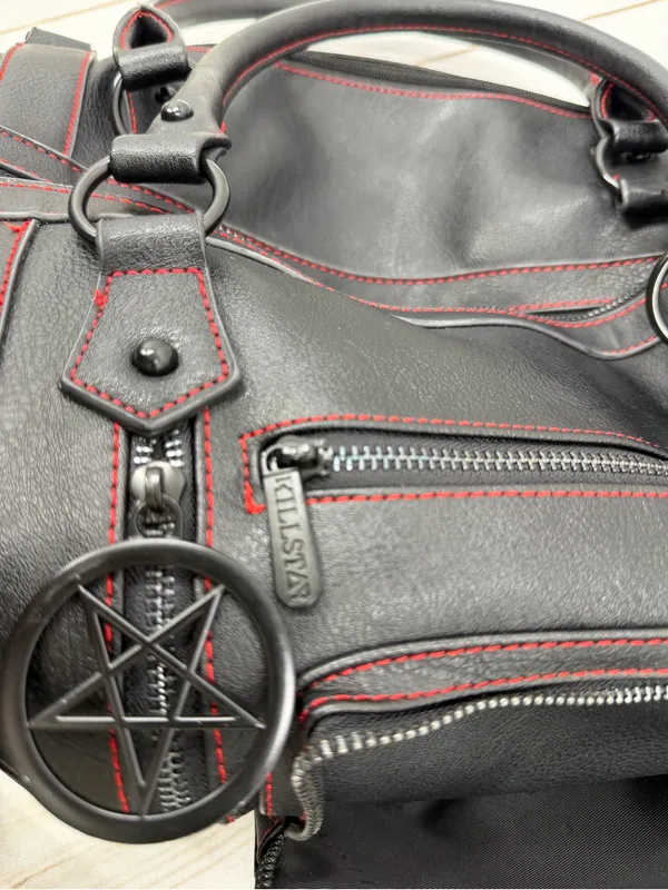 Killstar Black Duffel Bag with Red Stitching and Pentagram Pulls - Image 15