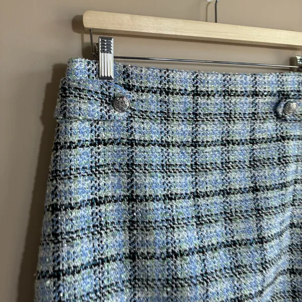 LOFT Tweed Plaid A-Line Mini Skirt 6 Blue Women Crest Button Metallic - Image 2