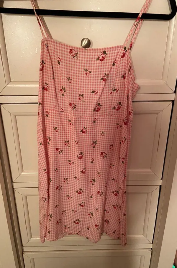 Pink Checkered And Floral Print Dress - Image 6