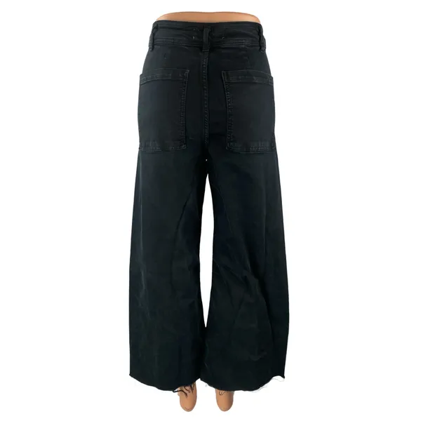 Zara Women's Black High Rise Raw Hem Wide Leg Baggy Palazzo Denim Jeans Size 6 - Image 4