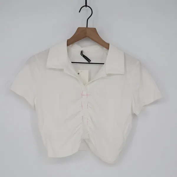 Zara Crop Shirt Womens S White Cotton Ruched Detailing Spread Collar Button Up - Image 2