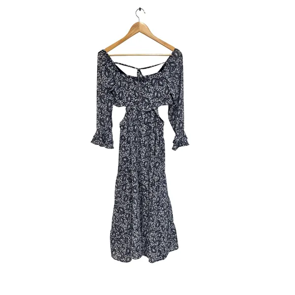 Lulus Blissful Sweetie Navy Blue Paisley Tiered Cutout Midi Dress Size XS - Image 2