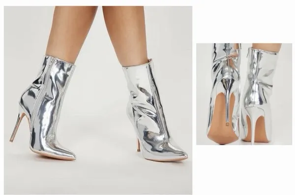 Shiny Silver Ankle boots Size 37 US 7 costume club high heels stiletto party - Image 2
