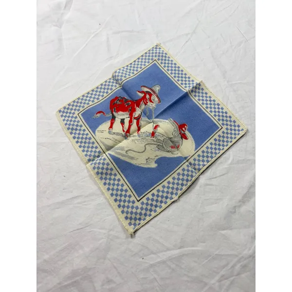 VTG Tom Lamb childrens cartoon handkerchief. 1950s. rabbit, donkey. 9" square Blue - Image 2