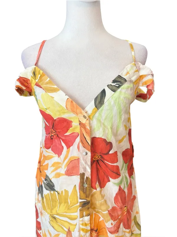 Zara Floral Linen Dress Button Front Womens Size Small - Image 5