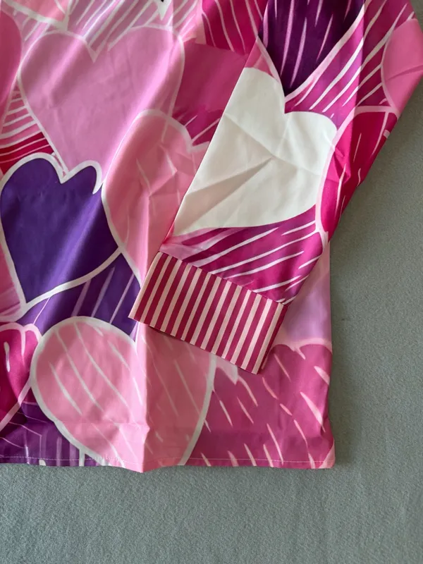 Women's Long Sleeve Pink Heart Theme High Ruffle Neck Blouse Size L #260864 - Image 5