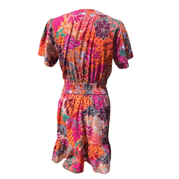 LOFT‎ NWOT Floral Patchwork Smocked Mini Dress Orange Pink Multi Summer Small - Image 6