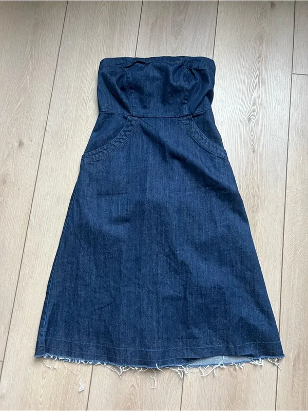 Velvet Heart Strapless Dark Denim Midi Dress Raw Hem Size XS - Image 8