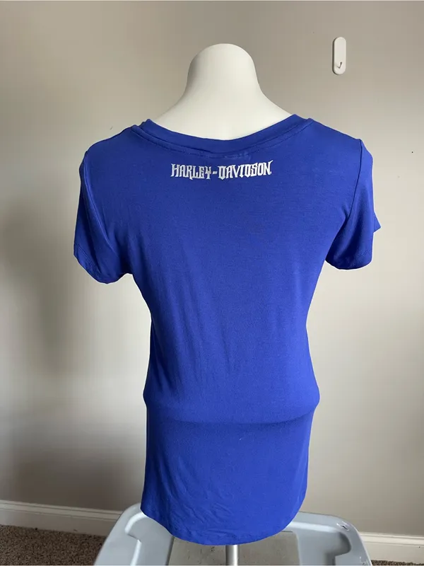 HARLEY DAVIDSON | Blue Short-Sleeve Scoop Neck Top with Beaded Trim Sz M - Image 6