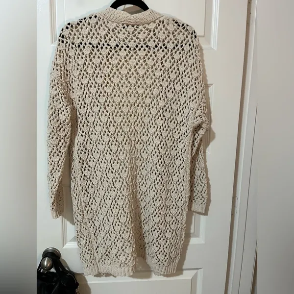 moon & madison Open Knit Cardigan Oatmeal Natural Crochet Neutral Sz M - Image 4