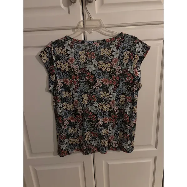LOFT Women Floral Linen Blend V-Neck Henley Cap Sleeve Knit Top Multi Color M - Image 5
