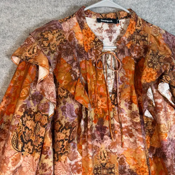 Desigual Womens-XL Paisley Ruffle Tie Neck Long Sleeve Blouse Orange Brown Boho - Image 6