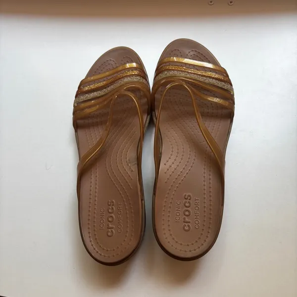 Crocs Isabella Mini Wedge Sandals Size‎ 10 Bronze Strappy Gold Brown Wedges Rare - Image 5