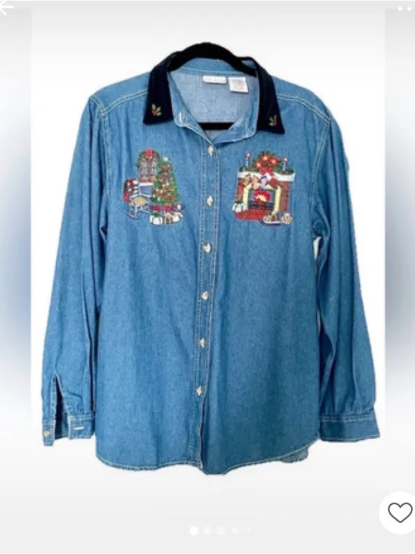 Vintage 90s Ugly Christmas Embroidered Denim Holiday Shirt Velvet Collar - Image 5
