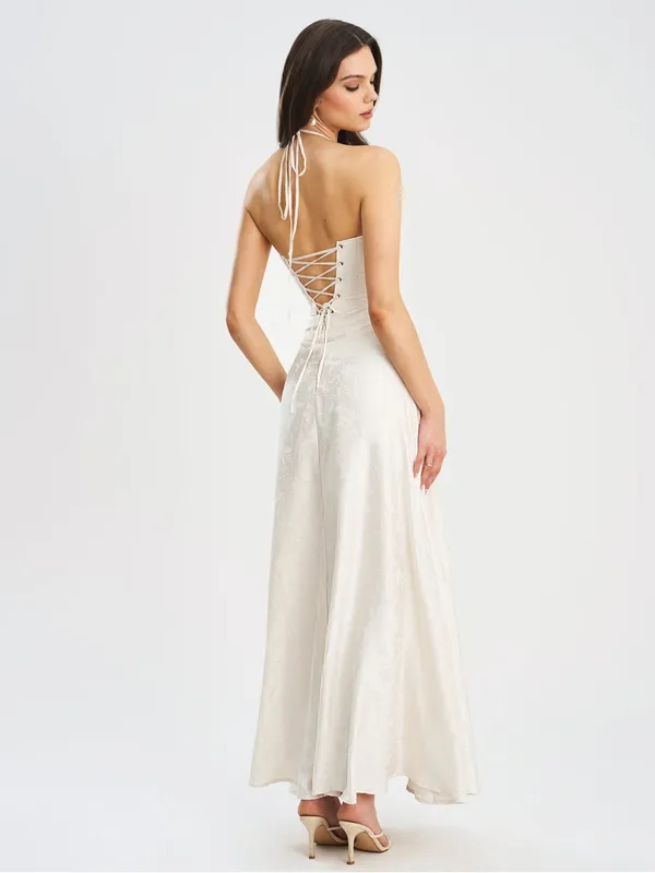 NWT Miss Circle Raegan Pearl White Jacquard Ruched Maxi Dress M - Image 6