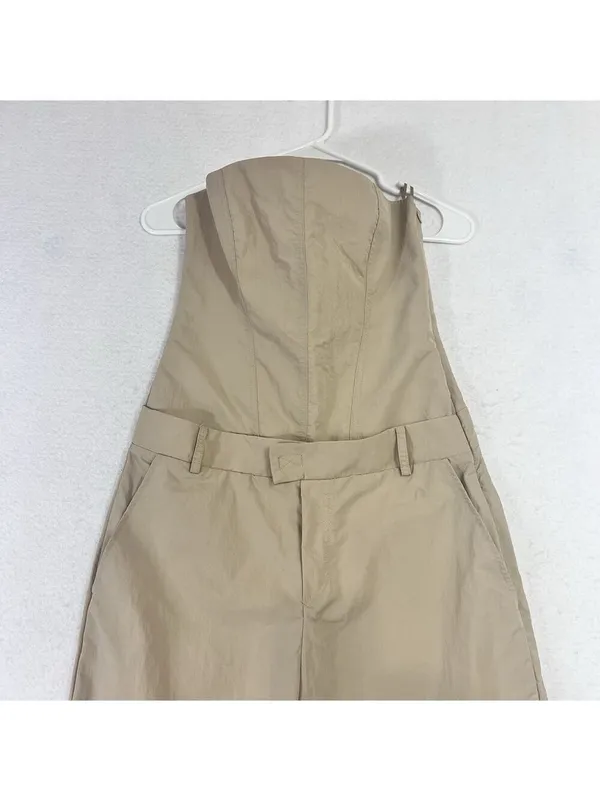 Zara Strapless Jumpsuit Off The Shoulder Wide Leg Khaki Size S Blogger Fav New - Image 9
