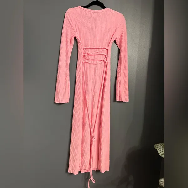 Renaissance Pink Textured Long Sleeve Fairycore Maxi Dress Sz S EUC - Image 3