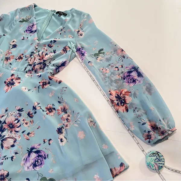 Lulus Always Yours Light Blue Floral Print Long Sleeve‎ Skater Dress SMALL - Image 9