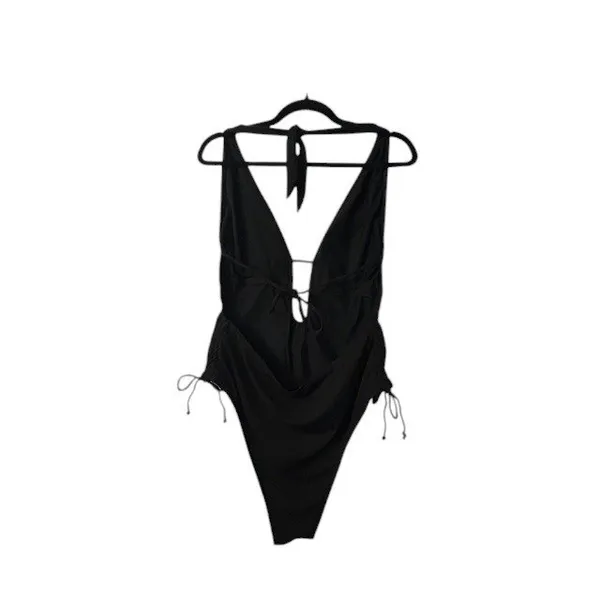 Black Plunge Tie Side‎ Ruched One Piece Swimsuit Adjustable Bathing Suit XS - Image 9