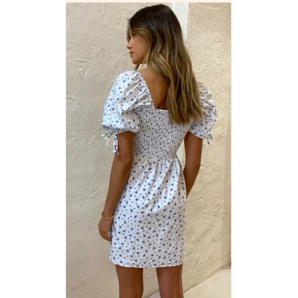 Faithfull The Brand Wendy Smocked Mini Puff Sleeve Floral Dress White Blue XS - Image 2