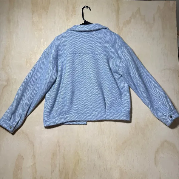 Mystree Women's M Blue Herringbone Wool Blend Cropped Shacket Snap Front Jacket - Image 8