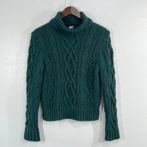 Lands End Drifter Womens M 10-12 Cotton Cable Knit Roll Neck Sweater Dark Green - Image 2