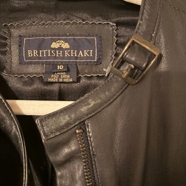 Vintage British Khaki Genuine Leather Y2K‎ Zip Up Black Jacket Size 10 - Image 16