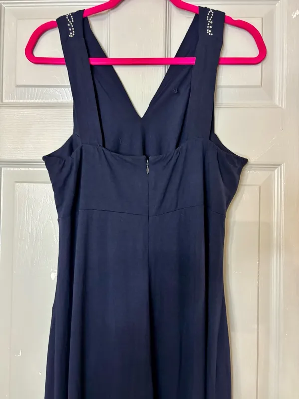 Vintage Cache Women's Evening Dress Navy Blue Maxi Beaded Chest XL Stretch Rayon - Image 6
