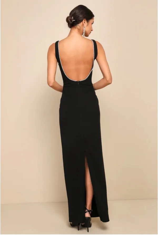 Lulus Timeless Poise Black Rhinestone Square Neck Backless Maxi Dress - Image 2