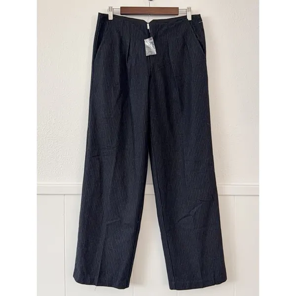 Free People Pinstripe Wide Leg Trousers 6 Navy Blue Low Rise Career Wool Blend - Image 2