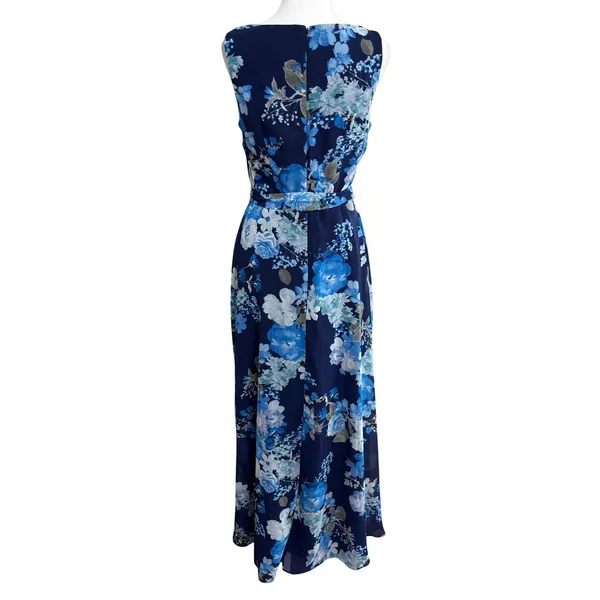 K Studio Collection Maxi Dress Blue Floral Sleeveless Chiffon Belted Wedding 6 - Image 3