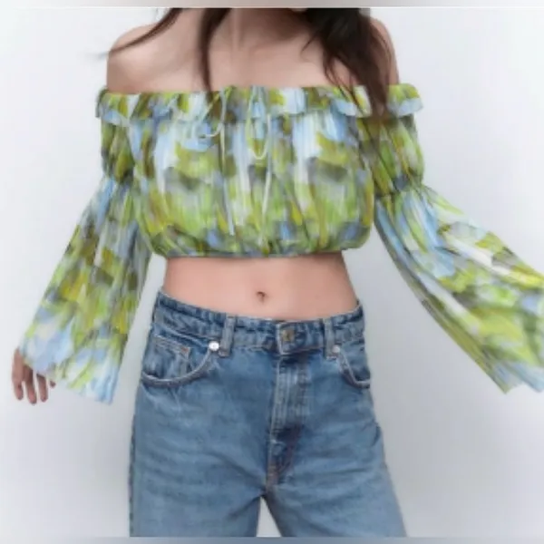 Zara Blue and Green Off-Shoulder Crop Top Size‎ M - Image 2