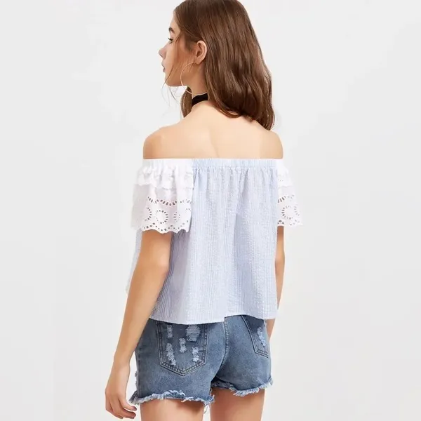 ✨Eyelet Embroidered Off The Shoulder Top✨ Blue Size M - Image 5