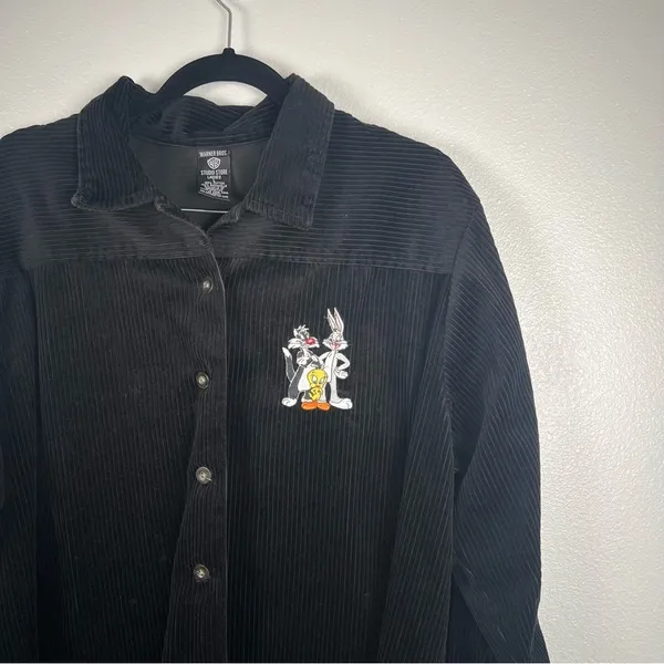 Warner Bros Vintage Corduroy Button Up Shirt Bugs Bunny Looney Tunes‎ Black L - Image 3