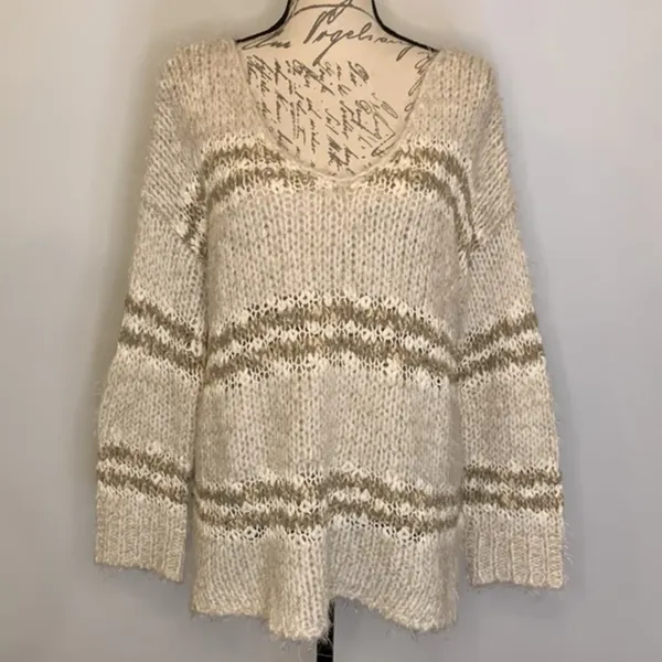 Free People Linus fuzzy striped sweater cotton wool blend in natural M - Image 2