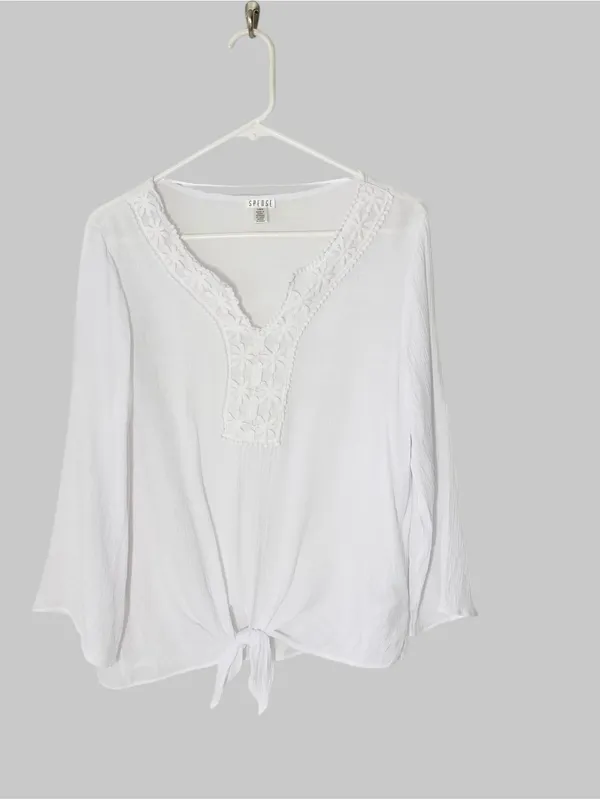 SPENSE Eyelet Lace Accent Tie Front Top White Size L - Image 4