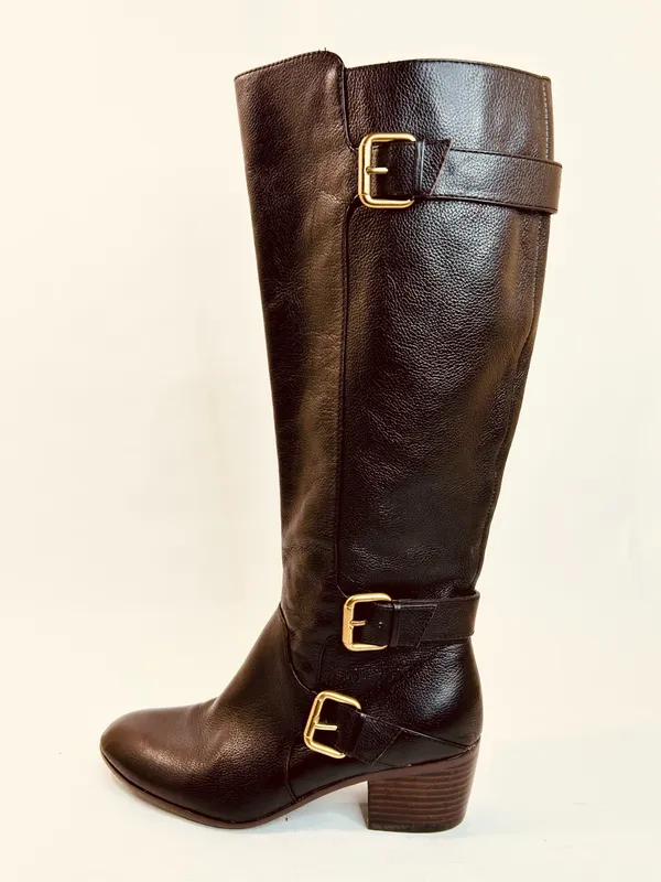 Isola Dark Brown Leather Riding Boots, Stacked Heels, Brass Buckles, size 9.5 - Image 11