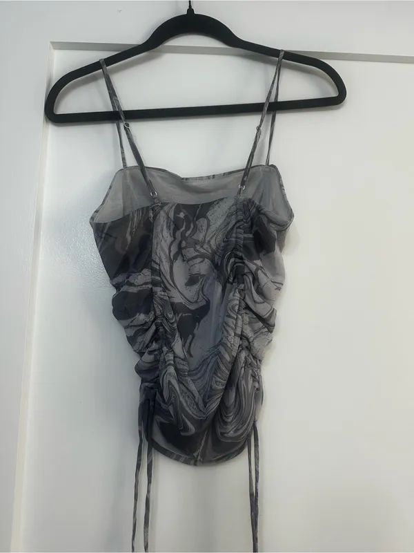 Gray Marble Ruched Cowl Neck Spaghetti Strap Top - Image 3