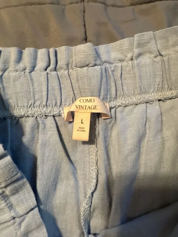 Como Vintage Paperbag Waist Linen Blend Button Fly Pants in Light Blue - Image 4