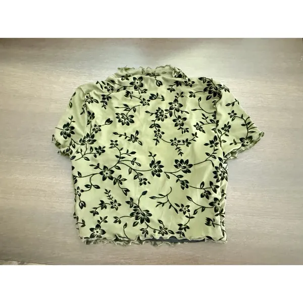 Floral Print Mock Neck, lettuce trim mesh lined crop top - Image 3