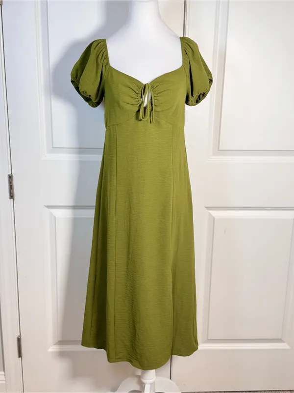 Monteau Los Angeles M Olive Green Puff Sleeve Midi Dress Cottagecore Boho Brunch - Image 2
