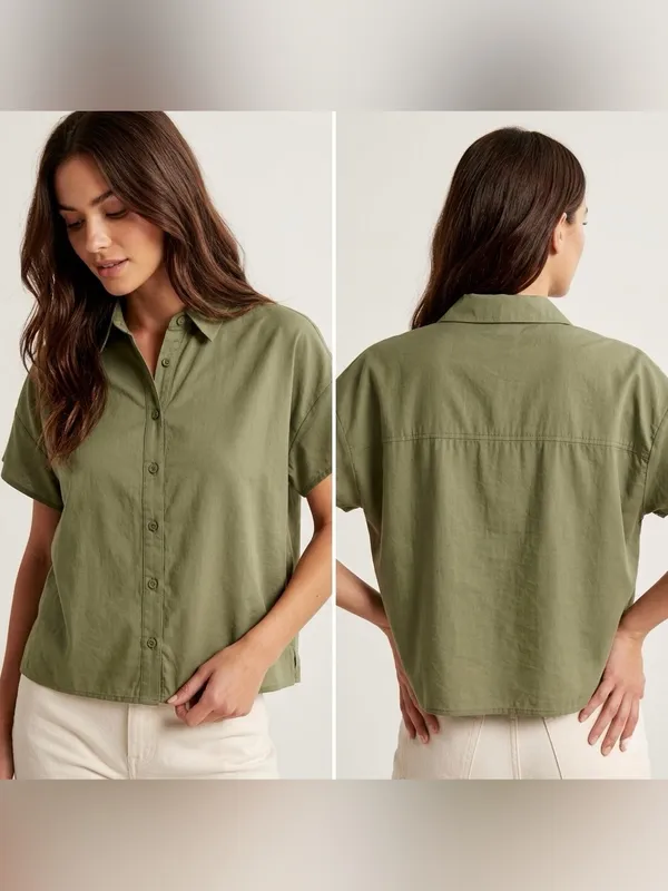 Lulu's Women’s Olive Button-Front Short Sleeve Collard Blouse Shirt Size Large - Image 2