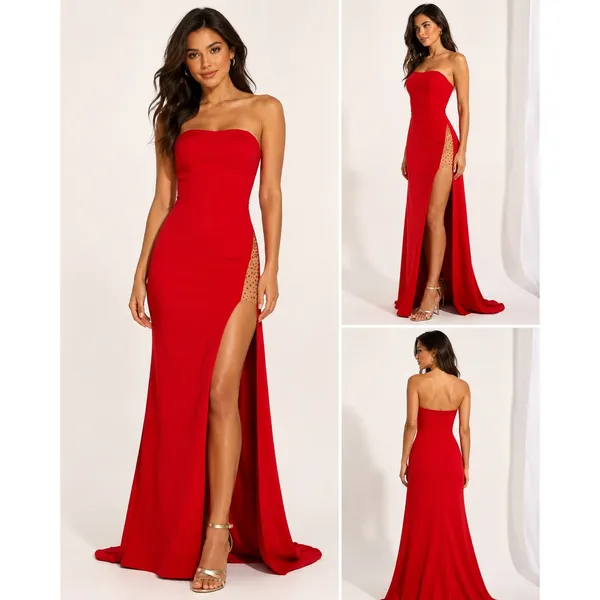Sherri‎ Hill Red Strapless High Slit Rhinestone Mesh Formal Gown Dress Size 6 - Image 13