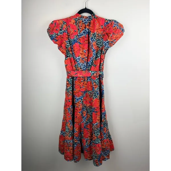 Ulla Johnson Ottilie Hypnotic Flamingo Cotton Midi Dress Puff Sleeve Coral Sz 0 - Image 3