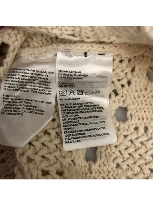 H&M Ivory Knit Cropped Crochet Sweater With V-Neck & Collar Size M 100% Cotton - Image 4