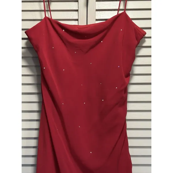 Let's Fashion Red Chiffon Asymmetrical Rhinestones Long Formal Gown Size S Lined - Image 2