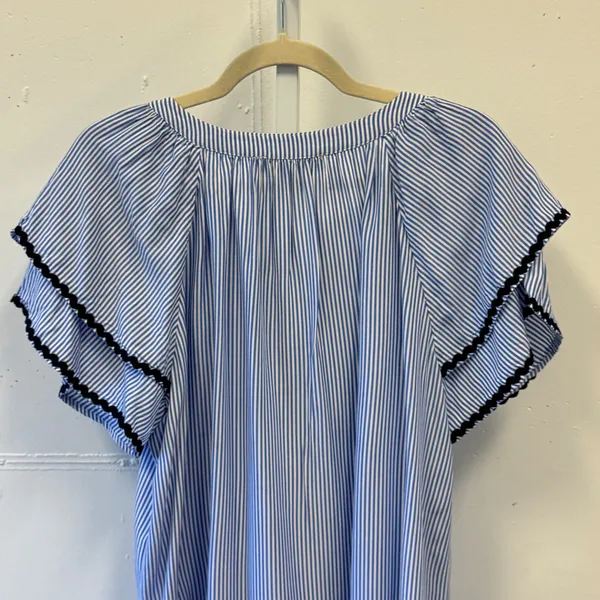 LOFT Striped Flutter Sleeve Tassel Tie Blouse Top Size Large Women's Blue‎ White - Image 4