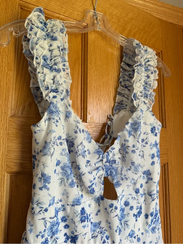 Altar'd State Mabel Blue Floral Tiered Ruffle Mini Dress Lace Up Back Size Large - Image 3
